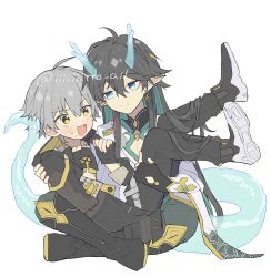 Rule 34 | 2boys, ahoge, aqua hair, artist name, black footwear, black gloves, black hair, black jacket, black pants, blue eyes, blush, boots, caelus (honkai: star rail), carrying, clenched hands, closed mouth, colored inner hair, commentary request, dan heng (honkai: star rail), dan heng (imbibitor lunae) (honkai: star rail), detached sleeves, dragon boy, dragon horns, dragon tail, earrings, eyeshadow, fingerless gloves, full body, gloves, gold earrings, grey hair, grey pants, hair between eyes, hands up, highres, honkai: star rail, honkai (series), hood, hooded jacket, horns, iiiiiiitto all, jacket, jewelry, long hair, long sleeves, looking at another, makeup, male focus, mandarin collar, multicolored hair, multiple boys, official alternate costume, open clothes, open jacket, open mouth, pants, pointy ears, princess carry, red eyeshadow, red hair, shirt, short hair, sidelocks, simple background, single bare shoulder, single earring, sitting, smile, sweat, t-shirt, tail, tongue, trailblazer (honkai: star rail), two-sided fabric, two-sided jacket, v-shaped eyebrows, white background, white shirt, wide sleeves, yaoi, yellow jacket