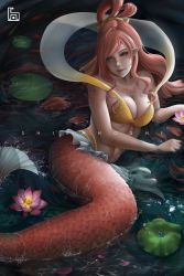Rule 34 | 1girl, bikini, blue eyes, blush, breasts, cleavage, highres, lips, long hair, lying, mermaid, monster girl, one piece, partially submerged, pink hair, ponytail, scales, shirahoshi, solo, swimsuit