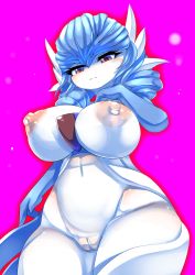 Rule 34 | 1girl, absurdres, alternate hair length, alternate hairstyle, ashraely, blue hair, blue skin, blush, breasts, cleft of venus, closed mouth, colored skin, cowboy shot, creatures (company), female focus, game freak, gardevoir, gen 3 pokemon, groin, half-closed eyes, hand up, highres, huge breasts, large areolae, long hair, looking down, multicolored skin, navel, nintendo, nipples, outline, pink background, pokemon, pokemon (creature), pussy, red eyes, red outline, shiny skin, simple background, solo, standing, stomach, thick thighs, thighs, two-tone skin, uncensored, white skin, wide hips