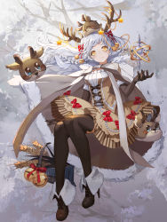 Rule 34 | 1girl, antlers, blush, boots, box, cape, christmas, dress, food fantasy, full body, gift, gift box, gloves, highres, horns, looking at viewer, official art, orange eyes, pale skin, reindeer antlers, silver hair, snow, star (symbol), stollen bread (food fantasy), tang san jiao