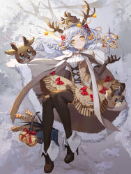 1girl antlers blush boots box cape christmas dress food_fantasy full_body gift gift_box gloves highres horns looking_at_viewer official_art orange_eyes pale_skin reindeer_antlers silver_hair snow star_(symbol) stollen_bread_(food_fantasy) tang_san_jiao