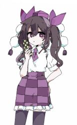 Rule 34 | 1girl, 76gpo, arm behind back, black thighhighs, brown eyes, brown hair, checkered clothes, checkered skirt, collared shirt, commentary, hair ribbon, hat, highres, himekaidou hatate, holding, holding phone, looking at viewer, medium hair, necktie, phone, pom pom (clothes), purple hat, purple necktie, purple ribbon, purple skirt, ribbon, shirt, simple background, skirt, solo, thighhighs, tokin hat, touhou, twintails, white background, white shirt