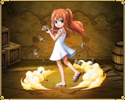 Rule 34 | 1girl, dress, female focus, long hair, money, nami (one piece), official art, one piece, one piece: treasure cruise, orange hair, solo, aged down