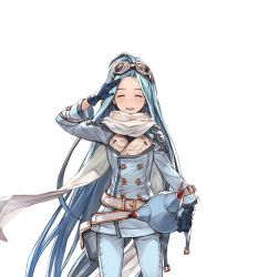 Rule 34 | 10s, 1girl, belt, blue hair, closed eyes, gloves, goggles, goggles on head, granblue fantasy, helmet, holding, jacket, long hair, lyria (granblue fantasy), minaba hideo, official art, open mouth, racing suit, salute, scarf, smile, solo, transparent background, very long hair, white scarf