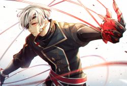 Rule 34 | 1boy, croix dia doll, earrings, eyepatch, gloves, highres, holding, jewelry, long sleeves, male focus, pixiv fantasia, pixiv fantasia age of starlight, red eyes, silver hair, simple background, standing, string, string of fate, yorukage