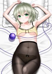 Rule 34 | 1girl, :3, alternate costume, armpits, arms up, black pantyhose, blush, bow, bow panties, breasts, casual, closed mouth, clothes lift, collarbone, commentary request, commission, covered navel, cowboy shot, drop shadow, eyelashes, floral print, from above, green eyes, green hair, hair between eyes, head on pillow, heart, heart of string, highres, knee up, komeiji koishi, looking at viewer, lying, medium hair, no bra, no headwear, nyanyanoruru, on back, panties, panties under pantyhose, pantyhose, pillow, pixiv commission, shirt, shirt lift, sleeveless, sleeveless shirt, small breasts, smile, solo, thighband pantyhose, third eye, touhou, underboob, underwear, variant set, yellow shirt