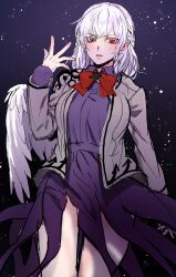 Rule 34 | 1girl, absurdres, bow, bowtie, braid, breasts, collared dress, commentary request, dress, feathered wings, french braid, grey jacket, hair between eyes, hand up, highres, jacket, kishin sagume, kuya (hey36253625), long sleeves, looking at viewer, medium breasts, night, night sky, open clothes, open jacket, open mouth, outdoors, purple dress, purple sky, red bow, red bowtie, red eyes, short hair, single wing, sky, solo, standing, star (sky), starry sky, touhou, white hair, wings