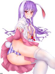 Rule 34 | 1girl, animal ears, artist name, ass, blush, breasts, breasts out, bright pupils, buttons, cameltoe, carrot pin, clothes lift, commentary request, feet out of frame, furrowed brow, grin, highres, holding, holding clothes, holding skirt, large breasts, long hair, long sleeves, looking at viewer, lying, necktie, nervous smile, on side, open clothes, open shirt, pan-ooh, panties, pink skirt, pleated skirt, purple hair, rabbit ears, rabbit girl, rabbit tail, red eyes, red necktie, reisen udongein inaba, shirt, skirt, smile, solo, striped clothes, striped panties, sweat, tail, thighhighs, thighs, touhou, transparent background, underwear, upskirt, very long hair, wet, white pupils, white shirt, white thighhighs
