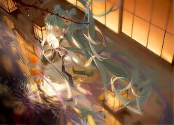 Rule 34 | 1girl, architecture, blue hair, branch, closed eyes, covering own mouth, double bun, east asian architecture, facing ahead, fireworks, flower, full body, hair between eyes, hair bun, hair flower, hair ornament, hand fan, hatsune miku, highres, holding, holding fan, japanese clothes, kimono, kneeling, lantern, long hair, long sleeves, mole, mole under eye, obi, outdoors, paper fan, paper lantern, plum blossoms, pond, reflection, reflective water, samo (shichun samo), sash, shouji, sidelocks, sliding doors, solo, tassel, twintails, uchiwa, very long hair, vocaloid, water, white flower, white kimono, wide sleeves