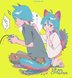 Rule 34 | 1boy, 1girl, ^^^, animal ears, antenna hair, aqua hair, artist name, bad id, bad pixiv id, barefoot, blush stickers, brother and sister, brown pants, cat boy, cat ears, cat girl, cat tail, circle, clenched teeth, closed mouth, constricted pupils, controller, covering own mouth, dot nose, flying sweatdrops, from side, full body, furrowed brow, game controller, gamecube controller, gamepad, green background, grey shirt, hair between eyes, half-closed eyes, hand up, hands up, holding, holding controller, holding game controller, indian style, kneeling, long hair, looking at another, looking away, motion lines, niwabuki, no shoes, noshime ruka, orange eyes, original, pants, profile, satonaka kei, shirt, short sleeves, siblings, signature, simple background, sitting, smirk, smug, sound effects, speech bubble, surprised, sweat, tail, teeth, translation request, trembling, white shirt