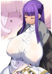 Rule 34 | 2girls, = =, black coat, breast rest, breasts, breasts on head, closed eyes, coat, fern (sousou no frieren), frieren, highres, huge breasts, inverted nipples, multiple girls, nuezou, puffy nipples, shirt, smile, sousou no frieren, white shirt