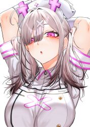 Rule 34 | 1girl, absurdres, ahoge, apron, armpits, arms behind head, arms up, bandaged arm, bandages, blush, breasts, eyes visible through hair, gloves, gomo, grey hair, hair ornament, hair over one eye, hat, highres, large breasts, looking at viewer, mole, mole under eye, nijisanji, nurse, nurse cap, open mouth, purple eyes, simple background, solo, stretching, sukoya kana, sukoya kana (1st costume), twintails, virtual youtuber, white apron, white gloves, white hat, white wrist cuffs, wrist cuffs, x hair ornament