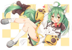Rule 34 | 1girl, :3, :d, akashi (azur lane), animal ear fluff, animal ears, azur lane, bad id, bad pixiv id, bell, black bow, black sailor collar, blush, bow, braid, brown eyes, cat ears, checkered background, commentary request, dress, full body, green hair, grey footwear, hair between eyes, hair bow, hair ornament, heart, highres, jingle bell, long hair, long sleeves, looking at viewer, minato yu (0514), open mouth, red bow, sailor collar, sailor dress, shoes, signature, single braid, sleeves past fingers, sleeves past wrists, smile, socks, solo, very long hair, white dress, white socks