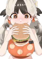 Rule 34 | 1girl, absurdres, arknights, bbizim03, bikini, black hair, blush, breasts, burger, crying, crying with eyes open, eating, food, grey hair, highres, holding, holding food, large breasts, long hair, multicolored hair, orange bikini, orange eyes, polka dot, polka dot bikini, simple background, snowsant (arknights), solo, swimsuit, tears, two-tone hair, upper body, white background
