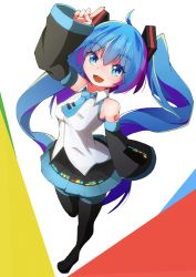 Rule 34 | 1girl, :d, ahoge, arm up, black skirt, black sleeves, black thighhighs, blue eyes, blue hair, blue necktie, blush, breasts, collared shirt, commentary, detached sleeves, foreshortening, from above, full body, hair between eyes, hair ornament, hatsune miku, long hair, long sleeves, looking at viewer, looking up, mamagogo (gomaep), necktie, open mouth, pleated skirt, pointing, shirt, short necktie, skirt, sleeveless, sleeveless shirt, sleeves past wrists, small breasts, smile, solo, standing, standing on one leg, thighhighs, tie clip, twintails, very long hair, vocaloid, white shirt, wide sleeves
