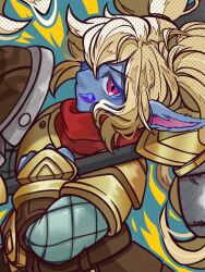 Rule 34 | 1girl, armor, blonde hair, fang, from side, full armor, hair between eyes, hammer, highres, holding, holding hammer, kawaguti kappa, league of legends, looking at viewer, open mouth, pink eyes, poppy (league of legends), red scarf, scarf, shoulder armor, smile, solo, teeth, twintails, upper body, upper teeth only, yordle