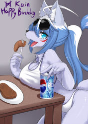 Rule 34 | 1girl, blue eyes, blue hair, dog, eating, english text, furry, furry female, highres, long hair, matching hair/eyes, open mouth, pepsi, ponytail, soda, solo, tongue, wolflong