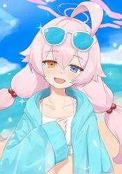 Rule 34 | 1girl, ^ ^, absurdres, ahoge, beach, bikini, blue archive, blue eyes, blue jacket, blue sky, blurry, blurry background, blush, breasts, closed eyes, collarbone, crossed bangs, eyewear on head, fang, frilled bikini top, genso (thereisnosauce), hair between eyes, hair flaps, hair ornament, halo, hand on own chest, head tilt, heterochromia, highres, hoshino (blue archive), hoshino (swimsuit) (blue archive), huge ahoge, jacket, long sleeves, low twintails, official alternate costume, official alternate hairstyle, open clothes, open jacket, open mouth, outdoors, pink hair, pink halo, puffy long sleeves, puffy sleeves, skin fang, sky, small breasts, smile, solo, solo focus, sparkle, swimsuit, twintails, upper body, white-framed eyewear, white bikini, yellow eyes