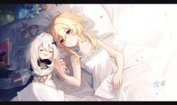 Rule 34 | 2girls, blonde hair, blue flower, book, camisole, closed eyes, closed mouth, commentary request, drooling, flower, genshin impact, hair between eyes, halo, highres, holding hands, kino (m6t2a), letterboxed, long hair, lumine (genshin impact), mechanical halo, multiple girls, on bed, open mouth, paimon (genshin impact), pillow, slime (genshin impact), smile, under covers, white camisole, white flower, white hair, yellow eyes