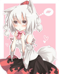 Rule 34 | 1girl, animal ears, bare shoulders, blush, breasts, detached sleeves, gift, grey eyes, hat, heart, highres, inubashiri momiji, looking at viewer, open mouth, otowa (otoha4634), pom pom (clothes), short hair, silver hair, sitting, solo, speech bubble, tail, tokin hat, touhou, wolf ears, wolf tail