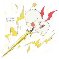 Rule 34 | 1other, bat wings, final fantasy, final fantasy vi, highres, holding, holding sword, holding weapon, mog, moogle, oju (ouka), simple background, square enix, sword, thunder, weapon, white background, wings