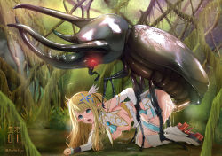 Rule 34 | 1girl, actskyo, all fours, ass, azur lane, beetle, bestiality, blonde hair, bug, centaur (azur lane), crying, crying with eyes open, cum, cum in pussy, doggystyle, elf, giant insect, height difference, highres, insect, long hair, nature, original, pointy ears, rape, rhinoceros beetle, sex, sex from behind, tears, tongue