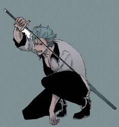 Rule 34 | 1boy, aqua hair, arrancar, black pants, bleach, bleach: sennen kessen-hen, blue background, blue eyes, broken mask, collarbone, collared jacket, facial mark, grimmjow jaegerjaquez, hair between eyes, highres, holding, holding sword, holding weapon, jacket, looking at viewer, male focus, mask, official alternate costume, open clothes, open jacket, open mouth, pants, sheath, solo, squatting, sword, teeth, unsheathing, weapon, zn 66