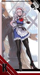 Rule 34 | 1girl, absurdres, ace (playing card), ace of spades, alcohol, apron, beer, beer stein, black pantyhose, blue dress, blue eyes, card, cross, dress, german empire, german text, hand on own hip, high heels, highres, iron cross, izayoi sakuya, maid, maid apron, maid headdress, pantyhose, playing card, reichsadler, solo, spade (shape), touhou, white apron, white hair, xiuchundao