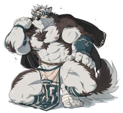 Rule 34 | 1boy, abs, ainu, ainu clothes, animal ears, arashi takemoto, bara, bulge, chest hair, chest tuft, collaboration, full body, furry, furry male, grey fur, grey hair, headband, horkeu kamui, jacket, jacket over shoulder, large pectorals, looking at viewer, male focus, muscular, muscular male, navel, nipples, pectorals, rossciaco, short hair, solo, squatting, stomach, thick thighs, thighs, tokyo houkago summoners, topless male, two-tone fur, unworn jacket, vambraces, white fur, wolf boy, wolf ears, yellow eyes