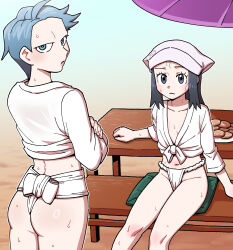 Rule 34 | 2girls, akari (pokemon), ass, blush, closed mouth, collarbone, commentary request, creatures (company), crossed arms, cushion, cyllene (pokemon), day, eyelashes, fundoshi, game freak, grey eyes, head scarf, highres, imomochi, japanese clothes, knees, looking at viewer, looking back, multiple girls, navel, nintendo, nutkingcall, outdoors, picnic table, plate, pokemon, pokemon legends: arceus, shirt, sidelocks, sitting, sleeves past elbows, sweat, table, tied shirt, white shirt