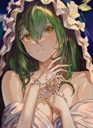 Rule 34 | 1girl, antlers, bare shoulders, beads, braid, braided bangs, branch, breasts, ceres fauna, cleavage, collarbone, cross, cross necklace, crucifix, dress, flower, green hair, green nails, hair between eyes, hair over shoulder, highres, holding, holding jewelry, holding necklace, hololive, hololive english, hood, horns, jewelry, large breasts, long hair, looking up, mole, mole under eye, multicolored hair, necklace, open mouth, prayer beads, qilin (mythology), rosary, santafe99, solo, teeth, veil, virtual youtuber, white dress, white flower, yellow eyes