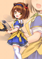 Rule 34 | 10s, 1girl, apron, breasts, brown eyes, brown hair, child, cooking, draph, feet out of frame, female focus, frying pan, granblue fantasy, hairband, horns, ladle, large breasts, looking at viewer, marugoshi (54burger), open mouth, oppai loli, puffy short sleeves, puffy sleeves, shirt, short hair, short sleeves, skirt, smile, solo, thighhighs, white thighhighs, yaia (granblue fantasy), zettai ryouiki, zoom layer