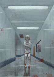 Rule 34 | 1girl, betabeet, black hair, blood, blood on clothes, blood on feet, blood stain, blue eyes, cuffs, door, expressionless, hallway, handcuffs, highres, light bulb, looking at viewer, multicolored hair, muted color, nijisanji, nijisanji en, orange hair, penguin girl, penguin tail, petra gurin, reflective floor, solo, streaked hair, tail, ventilation shaft, virtual youtuber