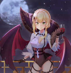 Rule 34 | 1girl, absurdres, black gloves, blonde hair, blush, braid, breasts, closed mouth, cloud, collared shirt, cup, cupping glass, demon wings, drinking glass, fang, fang out, full moon, girls&#039; frontline, gloves, gluteal fold, hair ornament, hair over shoulder, hairclip, halloween, halloween costume, highres, holding, holding cup, holding drinking glass, long sleeves, looking at viewer, low ponytail, medium breasts, moon, night, outdoors, shirt, sky, smile, solo, ssogari, standing, star (sky), v-shaped eyebrows, welrod mkii (girls&#039; frontline), white shirt, wine glass, wing collar, wings