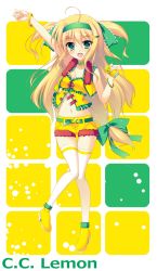Rule 34 | 1girl, ahoge, arm up, blonde hair, bracelet, breasts, c.c. lemon, c.c. lemon (character), character name, cleavage, collar, collarbone, copyright name, full body, green eyes, green ribbon, hair ribbon, highres, holding, jewelry, long hair, midriff, navel, open mouth, raiou, ribbon, short shorts, shorts, solo, standing, standing on one leg, thighhighs, white thighhighs, yellow shorts