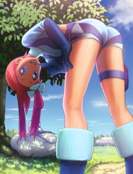 Rule 34 | 1girl, aircraft, airplane, ass, belt, bent over, blue belt, blue eyes, blue footwear, blue gloves, blue jacket, blue shorts, blue sky, boots, breasts, cloud, commentary request, cowboy shot, creatures (company), cropped jacket, day, elbow gloves, game freak, gen 5 pokemon, gloves, grass, grin, gym leader, hair ornament, hand on own thigh, highres, holster, index finger raised, jacket, knee boots, large breasts, long sleeves, looking at viewer, midriff, nintendo, one side up, outdoors, pilot suit, pokemon, pokemon (creature), pokemon bw, pouch, red hair, shade, short shorts, shorts, sidelocks, sky, skyla (pokemon), sleeping, smile, solo focus, standing, swanna, thigh holster, thigh pouch, thigh strap, tree, under tree, yachi (fujiyasu0616)