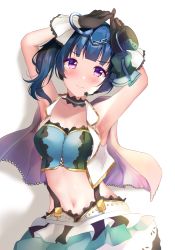 Rule 34 | 1girl, armpits, arms up, black hat, blue hair, blunt bangs, blush, breasts, collarbone, crop top, cuffs, depe, gloves, half gloves, hand on own head, handcuffs, hat, highres, looking at viewer, love live!, love live! school idol festival, love live! sunshine!!, medium breasts, microphone, mini hat, mini top hat, navel, red eyes, side ponytail, simple background, skirt, sleeveless, solo, suspender skirt, suspenders, top hat, tsushima yoshiko, upper body, vest, white background, white skirt, white vest