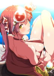 Rule 34 | 1girl, :d, bare shoulders, bikini, blush, breasts, clearite, cleavage, collarbone, covered erect nipples, day, eyelashes, eyewear on head, from behind, green eyes, grin, hair between eyes, hair ribbon, heterochromia, highres, hololive, houshou marine, houshou marine (summer), large breasts, legs, lips, long hair, looking at viewer, looking back, non-web source, open mouth, outdoors, red bikini, red eyes, red ribbon, ribbon, shoulder blades, sideboob, sidelocks, sitting, smile, solo, sunglasses, swimsuit, twintails, very long hair, virtual youtuber