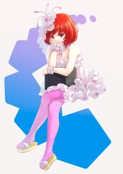 Rule 34 | 0marimo omiram0, 1girl, box, closed mouth, crossed legs, dion fortune, dress, elbow rest, flower, frilled dress, frills, full body, hair flower, hair ornament, head rest, highres, holding, holding box, invisible chair, looking at viewer, pantyhose, pink pantyhose, red eyes, red hair, sandals, short hair, simple background, sitting, smile, solo, toaru majutsu no index, toaru majutsu no index: new testament, white dress, white flower, white veil