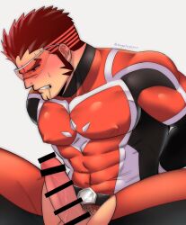 Rule 34 | 1boy, akashi (live a hero), arms behind back, averting eyes, bad id, bad twitter id, bar censor, bara, bodysuit, bulge, censored, covered erect nipples, defeat, erection, erection under clothes, facial hair, goatee, highres, humiliation, large pectorals, live a hero, long sideburns, male focus, muscular, muscular male, oskn tengoku, pectorals, penis, red bodysuit, red eyes, red hair, saliva, scar, scar on face, scar on nose, short hair, sideburns, solo, spread legs, superhero costume, sweatdrop, thick eyebrows, thighs, veins, veiny penis