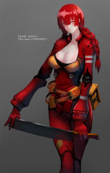 Rule 34 | 1girl, absurdres, blunt bangs, braid, breasts, brown eyes, character name, cleavage, colored eyelashes, gloves, grey background, hair between eyes, highres, holding, holding weapon, jittsu, large breasts, light smile, low twintails, machete, mecha musume, original, red gloves, red hair, simple background, standing, twin braids, twintails, weapon