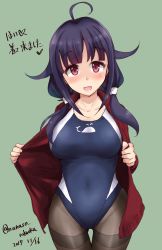 Rule 34 | 1girl, absurdres, ahoge, black pantyhose, black one-piece swimsuit, competition swimsuit, cowboy shot, green background, hair flaps, highres, kantai collection, low twintails, minase (takaoka nanase), one-piece swimsuit, open mouth, pantyhose, pantyhose under swimsuit, purple hair, red eyes, simple background, solo, swimsuit, taigei (kancolle), thighband pantyhose, translation request, twintails