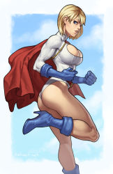 Rule 34 | 1girl, ass, blonde hair, blue eyes, blue footwear, bob cut, boots, breasts, cape, cleavage cutout, clothing cutout, cloud, dc comics, gloves, high heel boots, high heels, highres, huge breasts, kryptonian, large breasts, leotard, muscular, muscular female, power girl, red cape, short hair, simple background, solo, speh, superman (series)