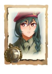 Rule 34 | 1girl, beret, braid, braided ponytail, brown eyes, closed mouth, company of heroes, green hair, hair between eyes, hat, military, military hat, military uniform, necktie, original, portrait, red hat, solo, thick eyebrows, uniform, world war ii, zhainan s-jun