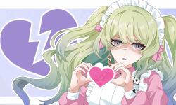 Rule 34 | 1girl, absurdres, alternate costume, anger vein, apron, bow, chinese commentary, commentary request, dress, earrings, enmaided, frills, green eyes, green hair, hands up, heart, heart hands, highres, honkai (series), honkai impact 3rd, jewelry, long hair, long sleeves, looking at viewer, m78 zaitaoaotezhanshi, maid, maid apron, maid headdress, mobius (honkai impact), multicolored hair, open mouth, pink bow, pink dress, pink eyes, shaded face, slit pupils, solo, twintails, two side up, upper body, wavy hair, white apron