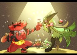 Rule 34 | blush, claws, creatures (company), fire, flower, furry, game freak, gen 7 pokemon, green fur, hand on own chest, heart, highres, incineroar, kneeling, litten, looking at another, meowscarada, naoto (shion), nintendo, pokemon, pokemon (creature), marriage proposal, red fur, sprigatito, sweat, two-tone fur