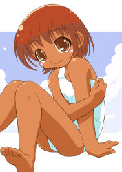 Rule 34 | aab, aab ex, arm support, bare shoulders, blush, brown eyes, feet, flat chest, looking at viewer, on floor, one-piece swimsuit, school swimsuit, sitting, sleeveless, solo, swimsuit, white school swimsuit, white one-piece swimsuit