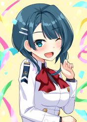 Rule 34 | 1girl, ;d, aizawa kazuha, assault lily, asymmetrical hair, black shirt, blue eyes, blue hair, blunt bangs, blush, bow, bowtie, breasts, buttons, commentary, confetti, gungun (hakutou7887), hair behind ear, hair ornament, hairclip, hands up, herensuge girls academy school uniform, jacket, long sleeves, looking at viewer, medium breasts, medium hair, one eye closed, open mouth, red bow, red bowtie, school uniform, shirt, simple background, smile, solo, streamers, upper body, white jacket, yellow background