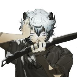 Rule 34 | 1boy, absurdres, animal ears, arknights, bandaid, bandaid on hand, bear ears, covered mouth, grey eyes, grey hair, grey shirt, hand on own head, hands up, highres, holding, holding knife, jaye (arknights), knife, looking at viewer, male focus, quirrel (gharnedanshyo), shirt, short hair, short sleeves, simple background, solo, t-shirt, upper body, white background
