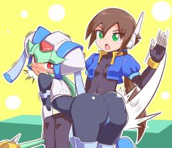 Rule 34 | 2girls, aile (mega man zx), android, ass, blush, capcom, cougar (cougar1404), embarrassed, highres, jacket, mega man (series), mega man zx, mega man zx advent, megaman zx advent, multiple girls, pandora (mega man), simple background, slapping, spanked, spanking, yuri